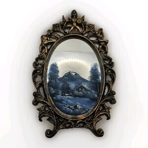 Vintage Hand Painted Mirror Mountain Cabin Creek Scene Signed J Graham